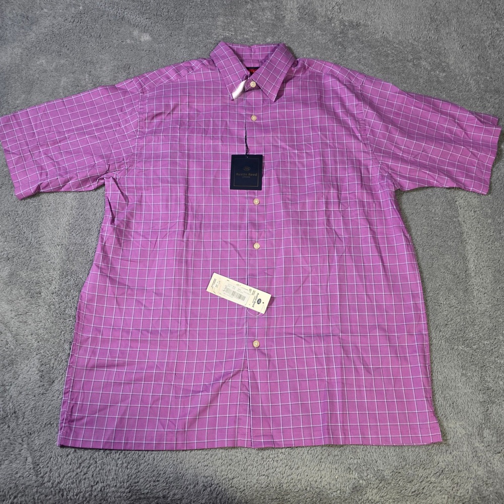 Austin Reed Mens L Shirt Short‎ Sleeve Purple Windowpane Check Cotton Button Up